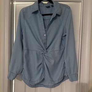 New York & Company Light Blue Twist Front Button Down Shirt
